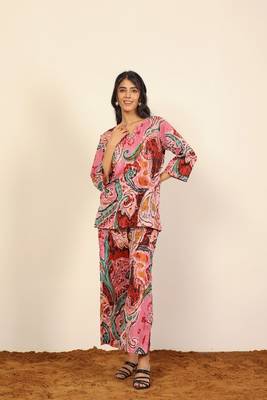 Pink and multicolor printed two piece sets kurta style co-ord set 1