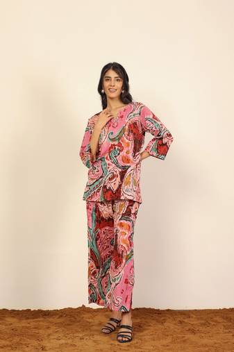 Pink and multicolor printed two piece sets kurta style co-ord set