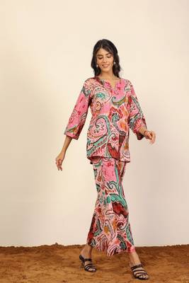 Pink and multicolor printed two piece sets kurta style co-ord set 3