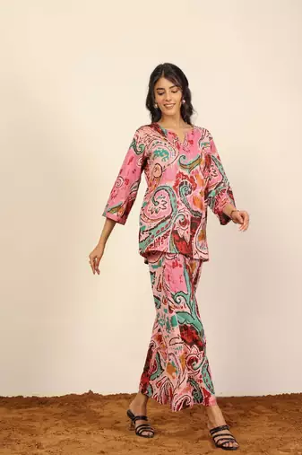 Pink and multicolor printed two piece sets kurta style co-ord set