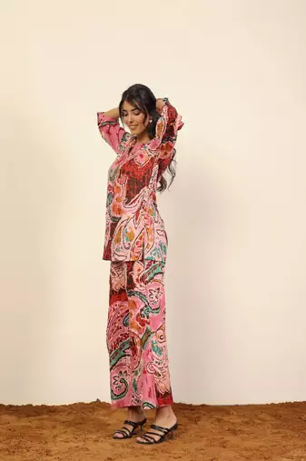 Pink and multicolor printed two piece sets kurta style co-ord set