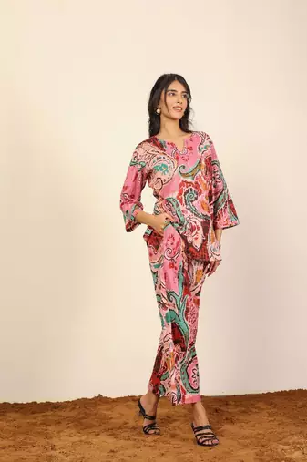 Pink and multicolor printed two piece sets kurta style co-ord set