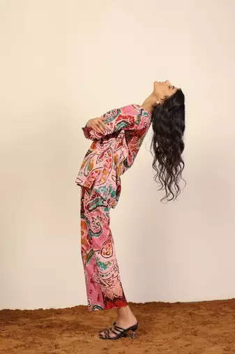 Pink and multicolor printed two piece sets kurta style co-ord set
