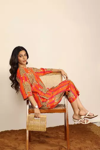Orange and multicolor tiger print two piece sets kurta style co-ord set