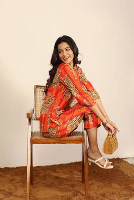 Orange and multicolor tiger print two piece sets kurta style co-ord set 4