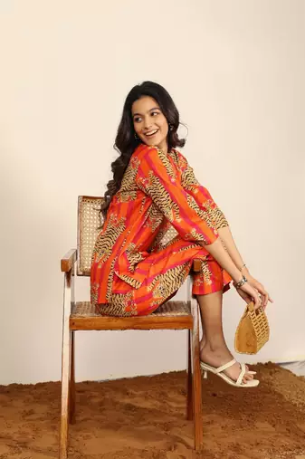 Orange and multicolor tiger print two piece sets kurta style co-ord set