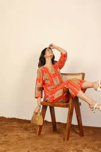 Orange and multicolor tiger print two piece sets kurta style co-ord set