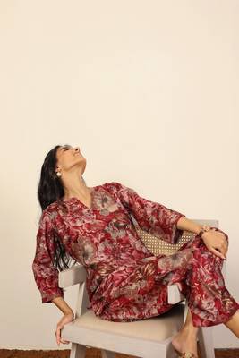 Pink and multi floral work two piece sets kurta style co-ord sets 3