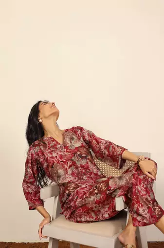Pink and multi floral work two piece sets kurta style co-ord sets