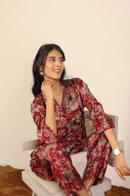 Pink and multi floral work two piece sets kurta style co-ord sets 4