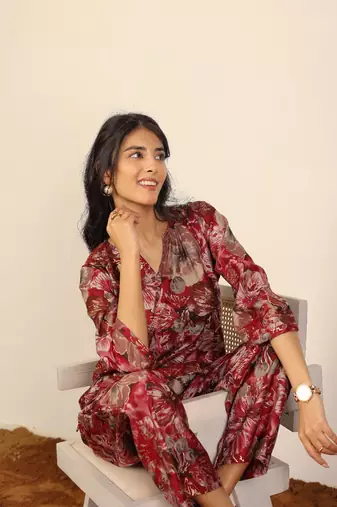 Pink and multi floral work two piece sets kurta style co-ord sets
