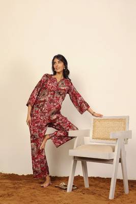 Pink and multi floral work two piece sets kurta style co-ord sets 5