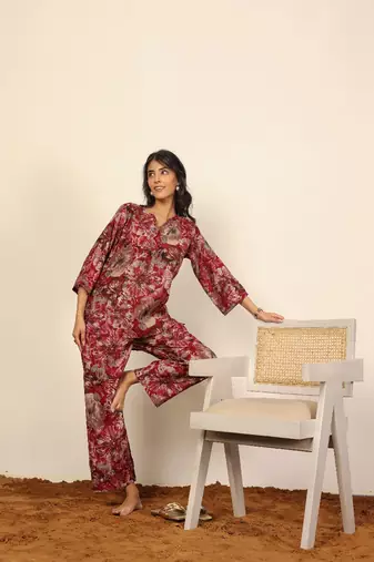 Pink and multi floral work two piece sets kurta style co-ord sets