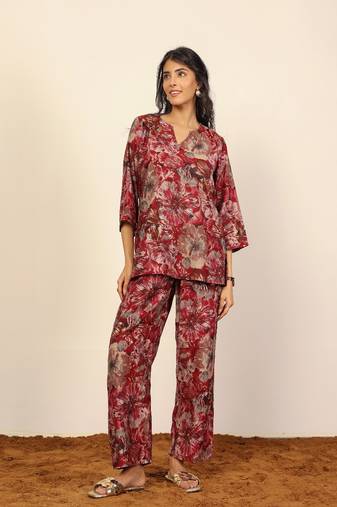 Pink and multi floral work two piece sets kurta style co-ord sets
