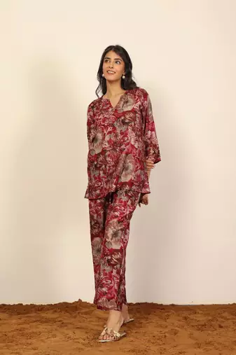 Pink and multi floral work two piece sets kurta style co-ord sets