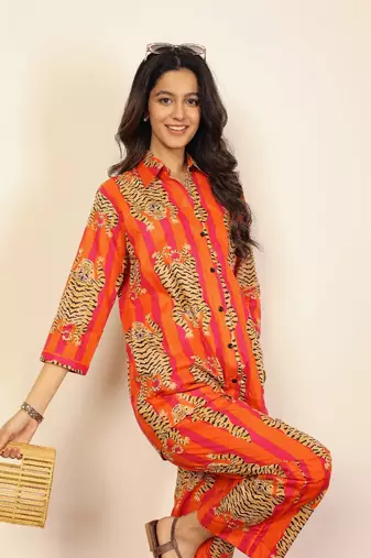 Orange and multicolor tiger print co-ord sets