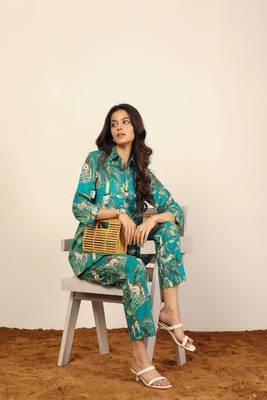 Green and multicolor monkey, tree and leopard print co-ord set 3