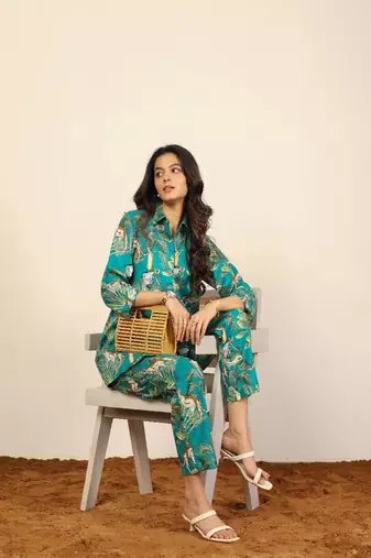 Green and multicolor monkey, tree and leopard print co-ord set