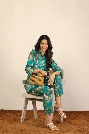 Green and multicolor monkey, tree and leopard print co-ord set