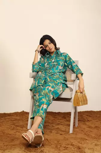 Green and multicolor monkey, tree and leopard print co-ord set