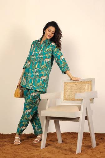 Green and multicolor monkey, tree and leopard print co-ord set