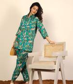 Green and multicolor monkey, tree and leopard print co-ord set