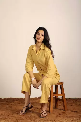 Beige solid two piece set cotton linen blend co-ord set