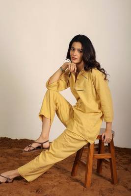 Beige solid two piece set cotton linen blend co-ord set 4