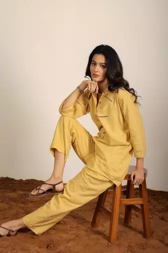 Beige solid two piece set cotton linen blend co-ord set