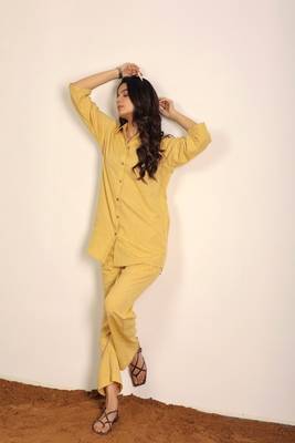 Beige solid two piece set cotton linen blend co-ord set 6