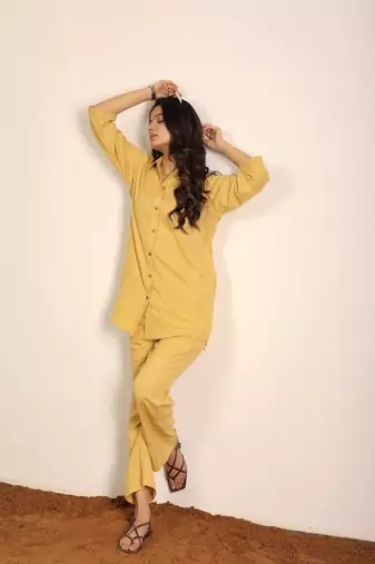 Beige solid two piece set cotton linen blend co-ord set