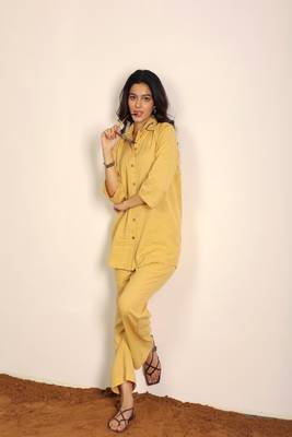 Beige solid two piece set cotton linen blend co-ord set 1