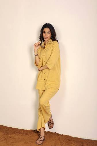 Beige solid two piece set cotton linen blend co-ord set
