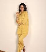 Beige solid two piece set cotton linen blend co-ord set