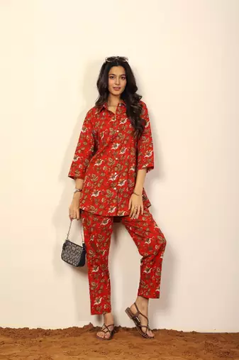 Red and multicolor floral print co-ord set