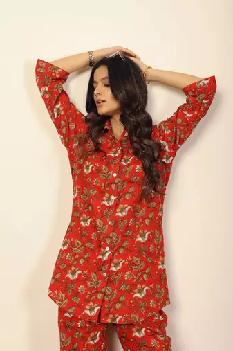 Red and multicolor floral print co-ord set