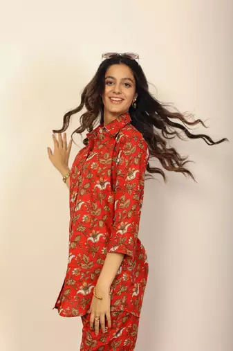 Red and multicolor floral print co-ord set