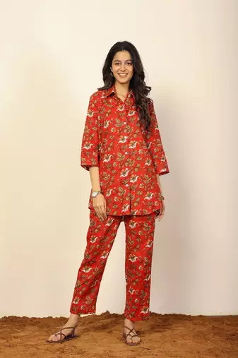 Red and multicolor floral print co-ord set