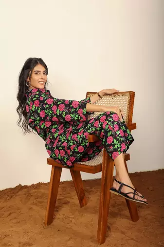 Black and multi floral print two piece set co-ord set