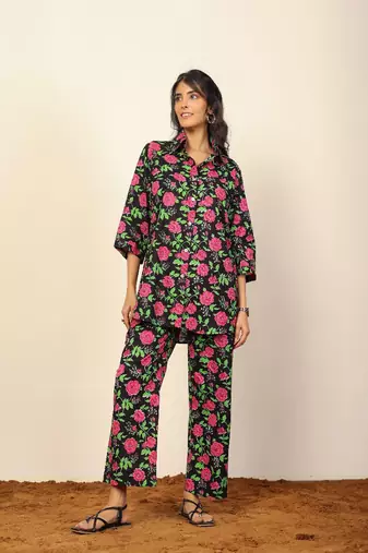 Black and multi floral print two piece set co-ord set