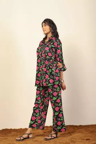 Black and multi floral print two piece set co-ord set