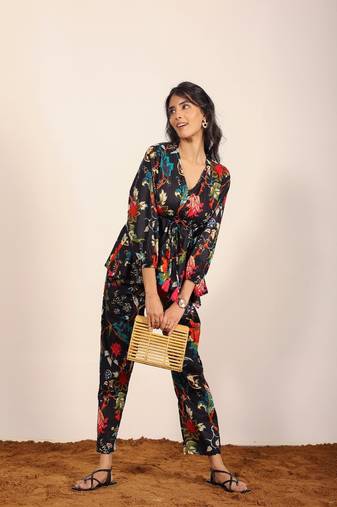 Black and multi floral work two piece sets co-ord sets