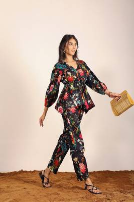 Black and multi floral work two piece sets co-ord sets 3