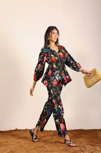 Black and multi floral work two piece sets co-ord sets