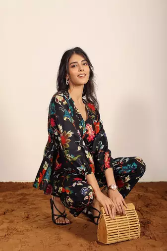 Black and multi floral work two piece sets co-ord sets