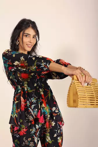 Black and multi floral work two piece sets co-ord sets