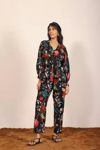 Black and multi floral work two piece sets co-ord sets