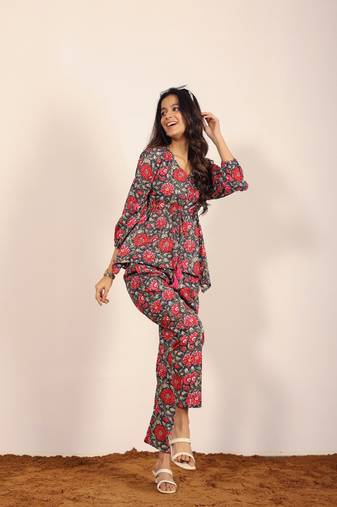Pink and multi floral work two piece sets co-ord sets