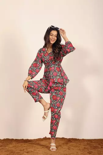 Pink and multi floral work two piece sets co-ord sets