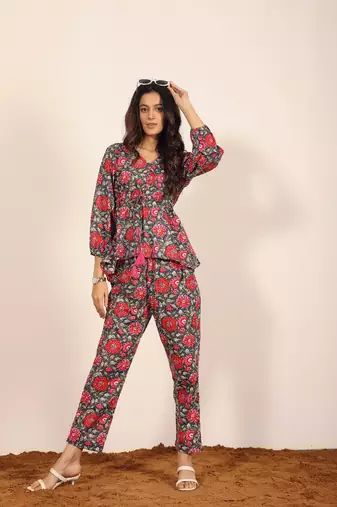Pink and multi floral work two piece sets co-ord sets